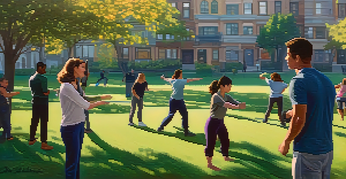 A peaceful urban park at dawn with diverse individuals practicing self-defense techniques, including a woman demonstrating a wrist grab escape.