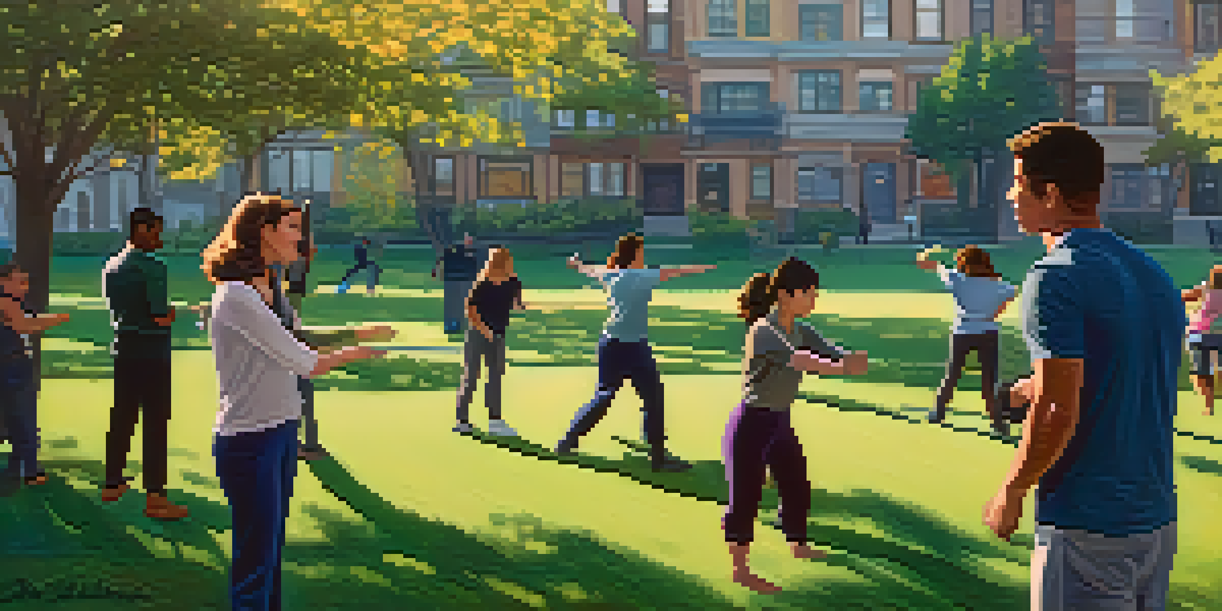 A peaceful urban park at dawn with diverse individuals practicing self-defense techniques, including a woman demonstrating a wrist grab escape.