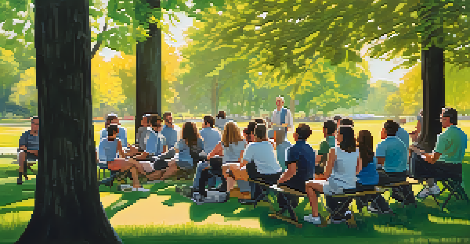 A trainer demonstrating situational awareness to participants in a park during a workshop.