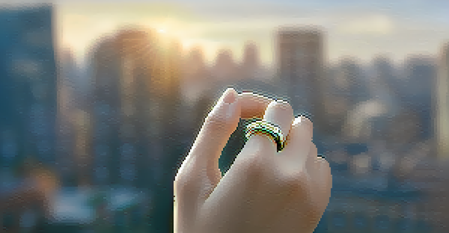 A close-up of a stylish smart ring on a person's finger with a cityscape in the background, showcasing the ring's intricate designs and panic button.