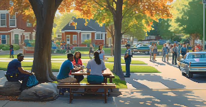 A diverse group of community members meeting with police officers in a park, discussing safety strategies.