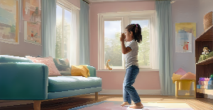 A young girl practicing self-defense in a bright living room, standing in a fighting stance with cushions around her.
