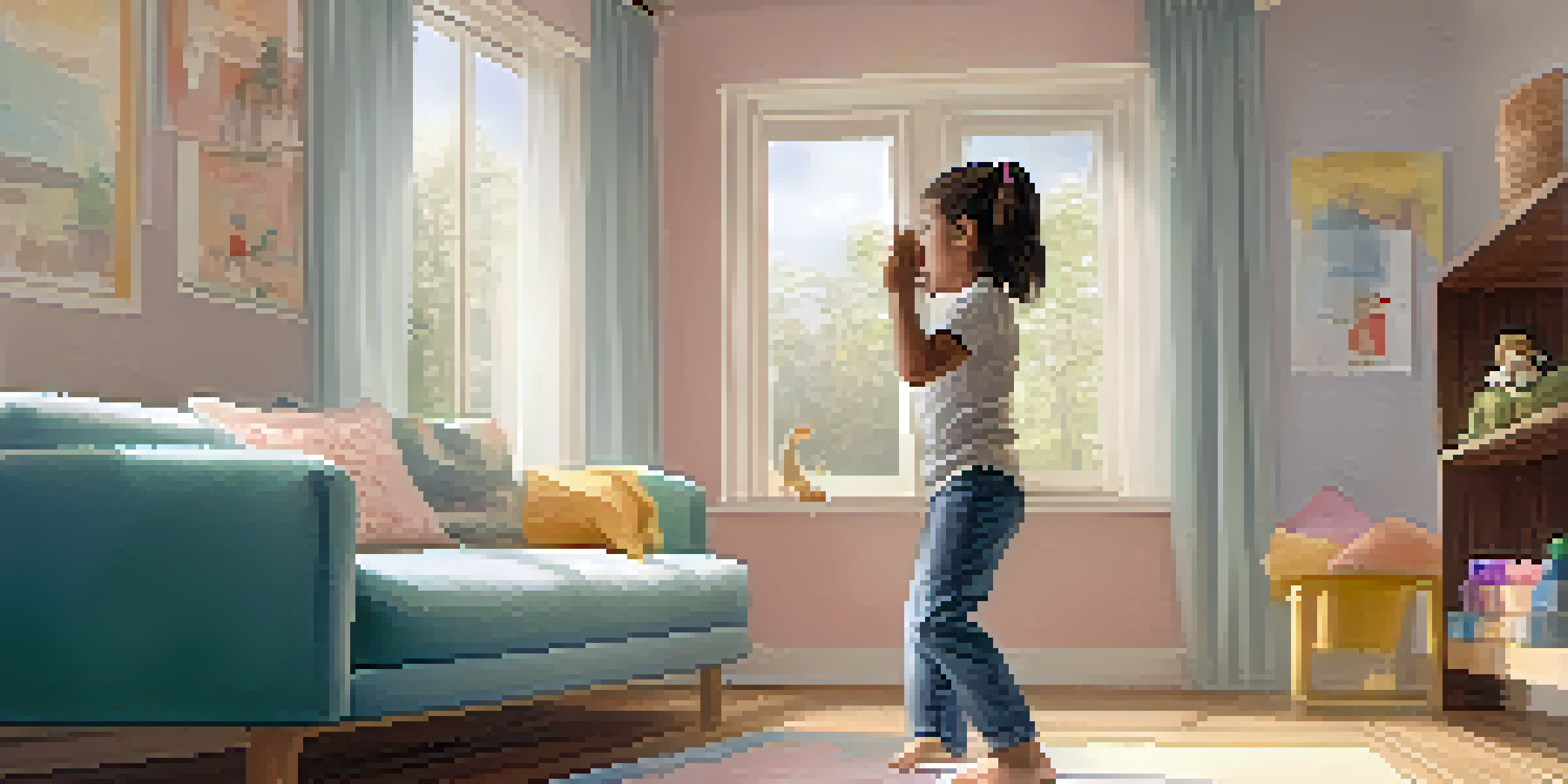A young girl practicing self-defense in a bright living room, standing in a fighting stance with cushions around her.