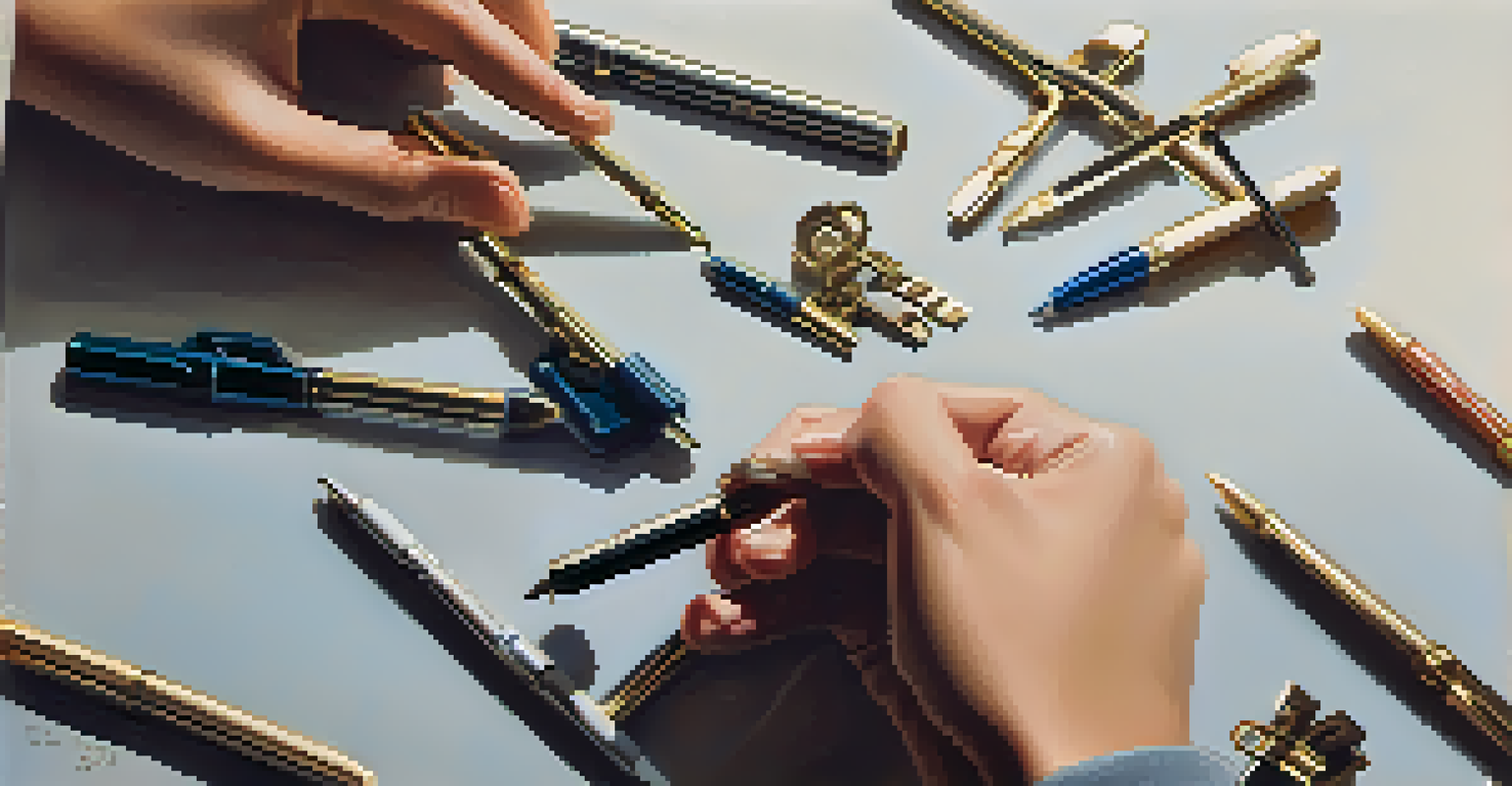 Close-up of hands holding keys and a pen, illustrating their use in self-defense.