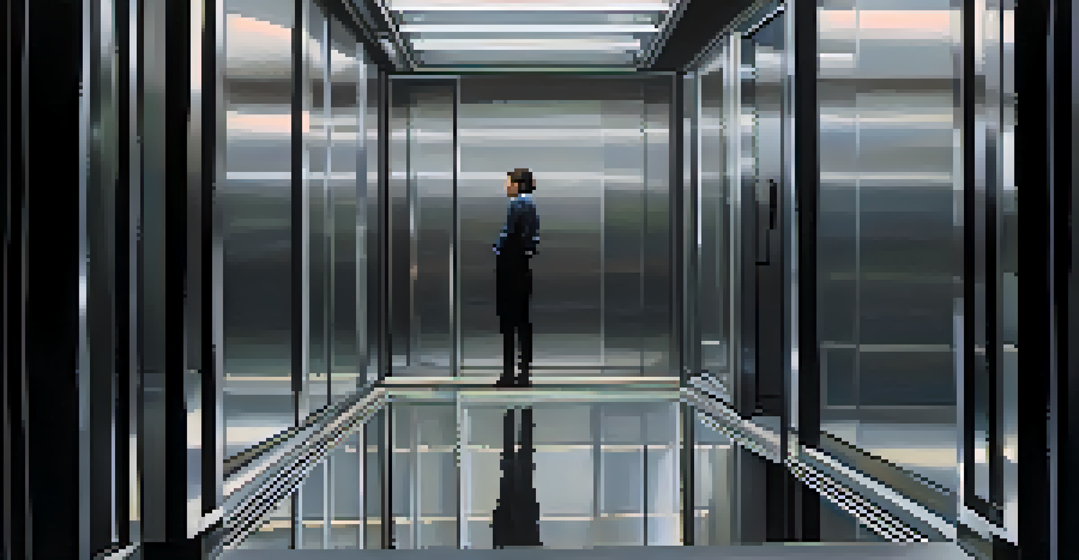 A person standing confidently in a mirrored elevator, showcasing determination in a confined space.
