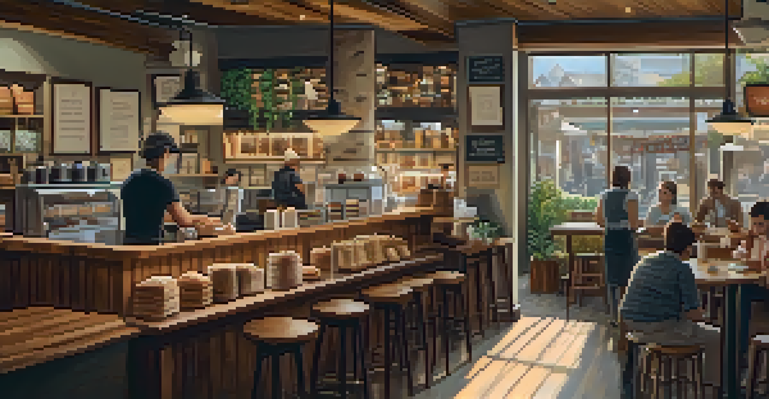 A warm and inviting coffee shop interior with customers, wooden decor, and a barista at work.