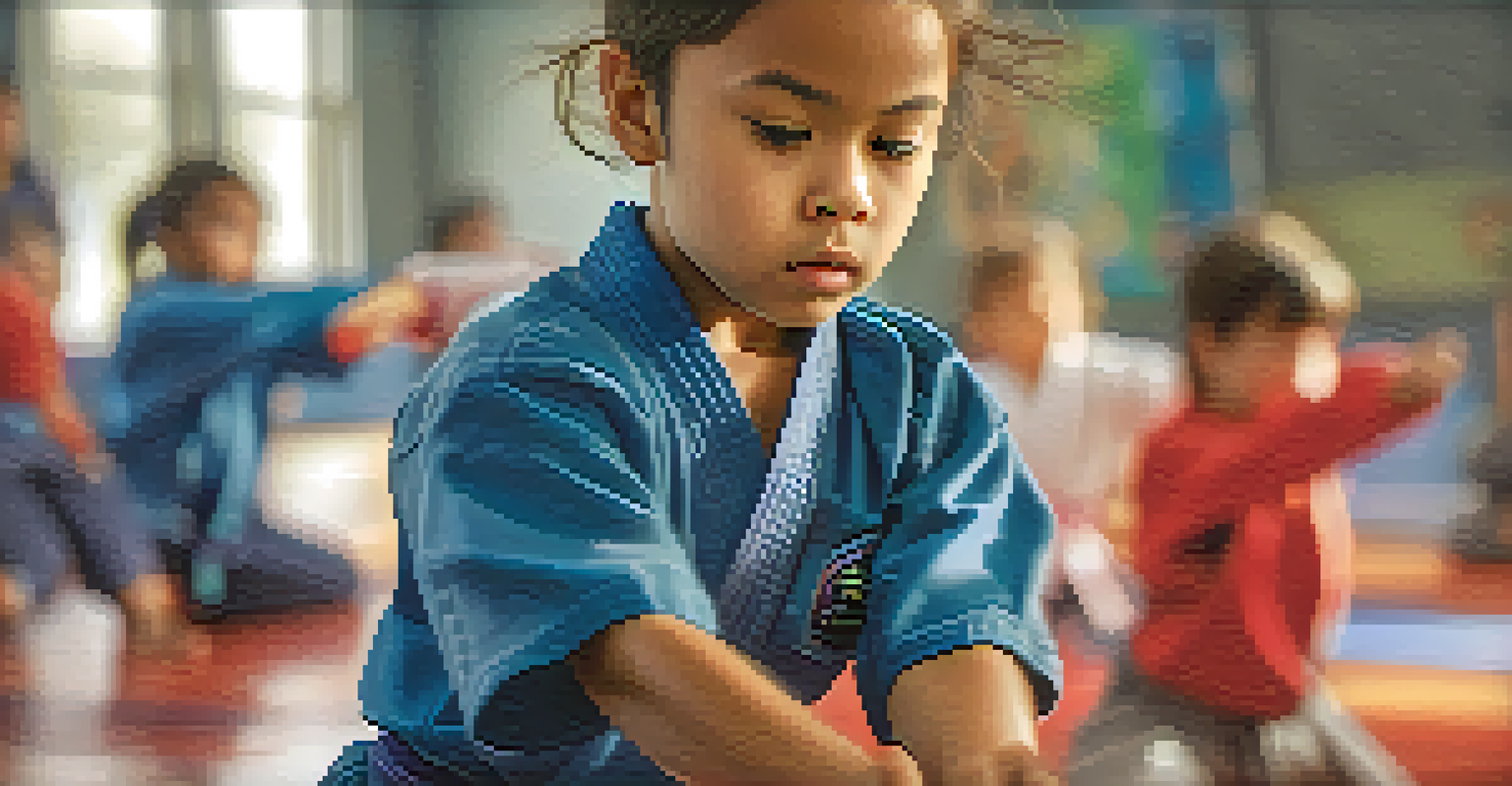 A focused child in a protective stance during self-defense training, capturing determination and confidence in a softly lit environment.