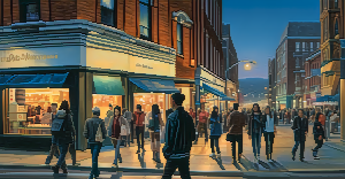 A busy city street at dusk, with people walking and an individual looking around attentively.