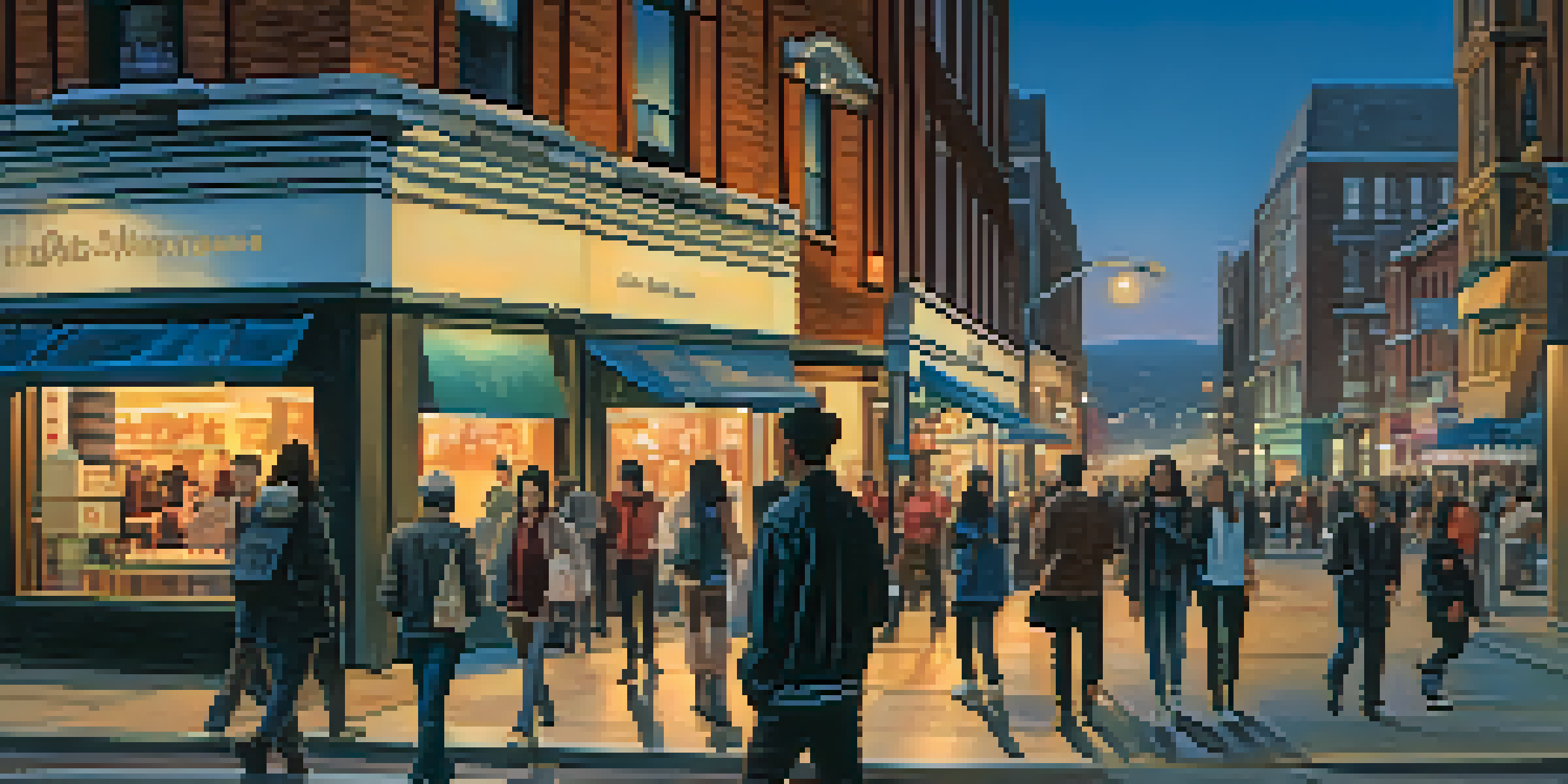 A busy city street at dusk, with people walking and an individual looking around attentively.