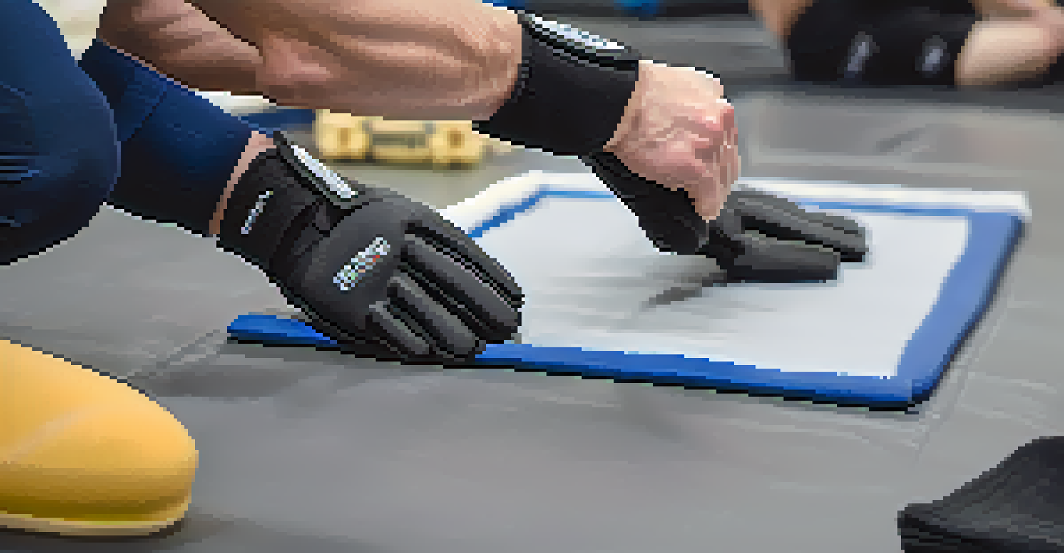 Close-up of hands adjusting protective gear on a training mat with a blurred instructor in the background.
