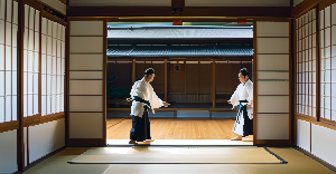 A peaceful dojo with two Aikido practitioners demonstrating a harmonious technique under soft natural light.