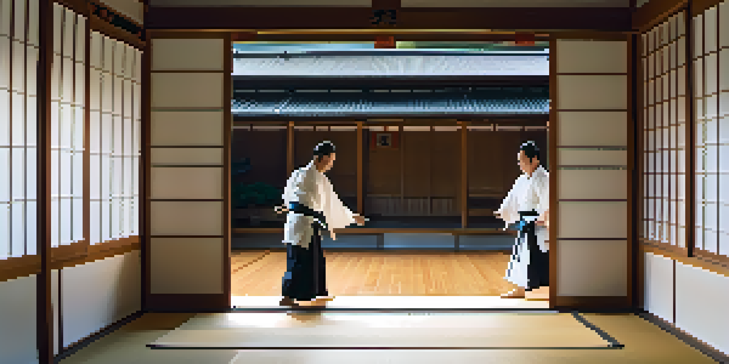 A peaceful dojo with two Aikido practitioners demonstrating a harmonious technique under soft natural light.