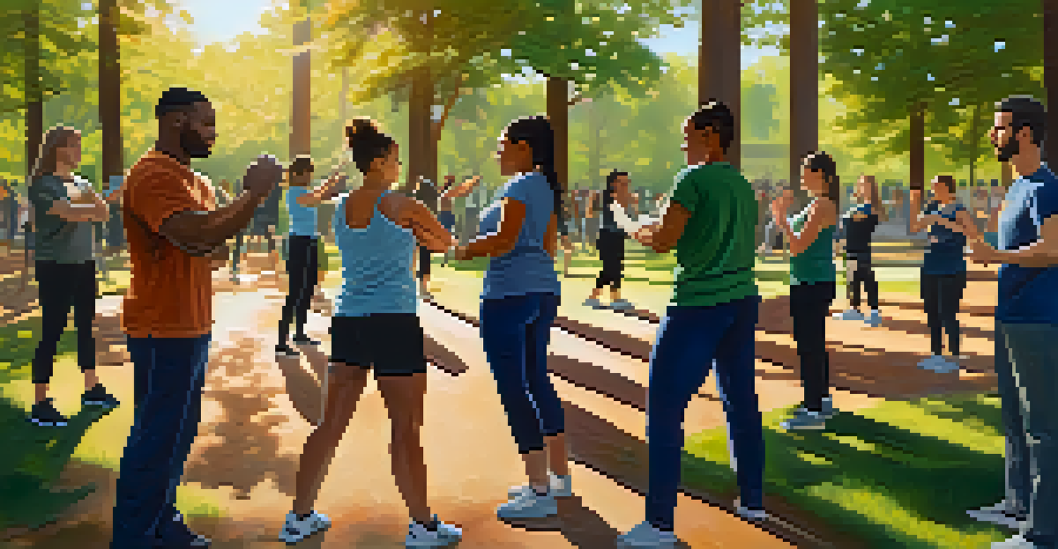A diverse group of individuals practicing self-defense techniques together outdoors in a park, emphasizing community and support.