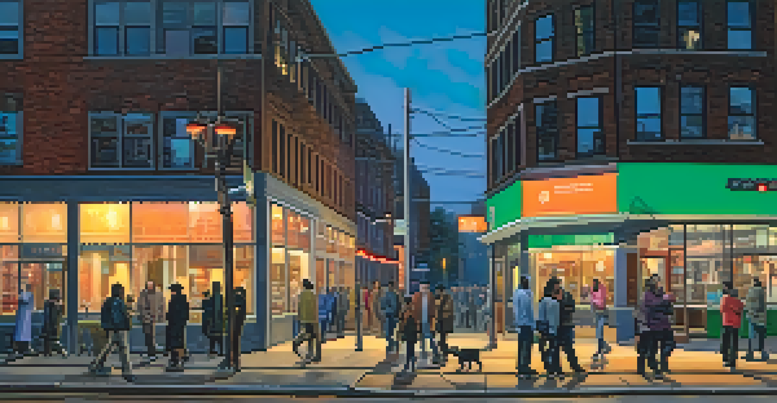 A lively urban street corner at dusk, with people interacting and walking confidently in the city.