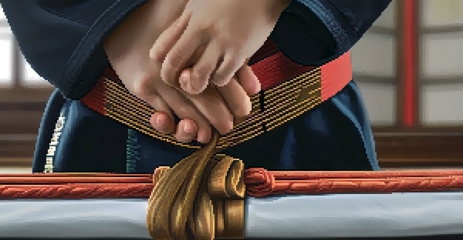 A child's hands tying a martial arts belt with a dojo in the background.
