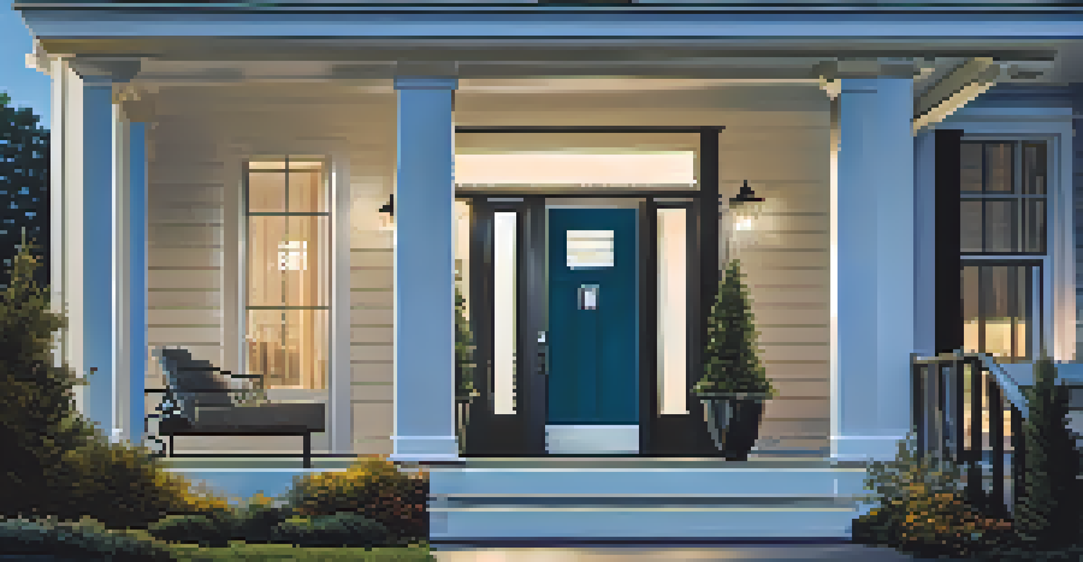 An exterior view of a house displaying smart security features, including a smart lock, smart camera, and motion-sensor lights, set against a peaceful evening sky.