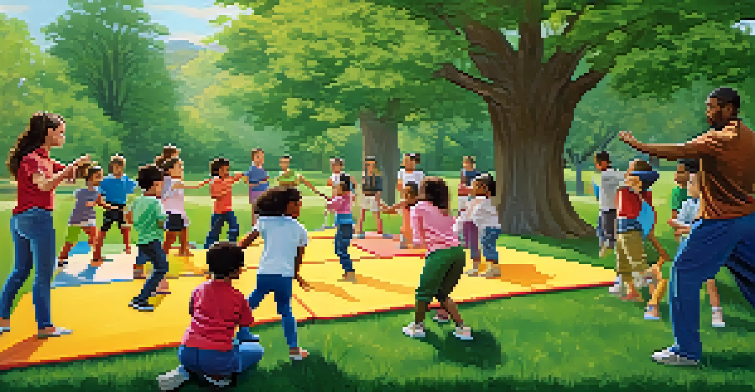 Children learning self-defense in a park with an instructor, surrounded by greenery and colorful training mats.