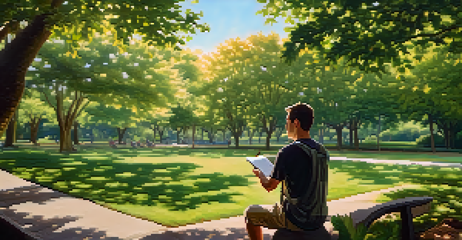 A traveler using a tactical pen in a park, showcasing its dual purpose for writing and self-defense.