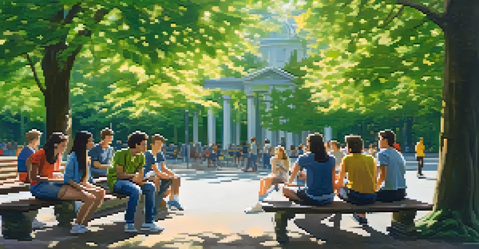 Teenagers sitting in a park discussing self-defense strategies, with a lively and engaged atmosphere surrounded by nature.