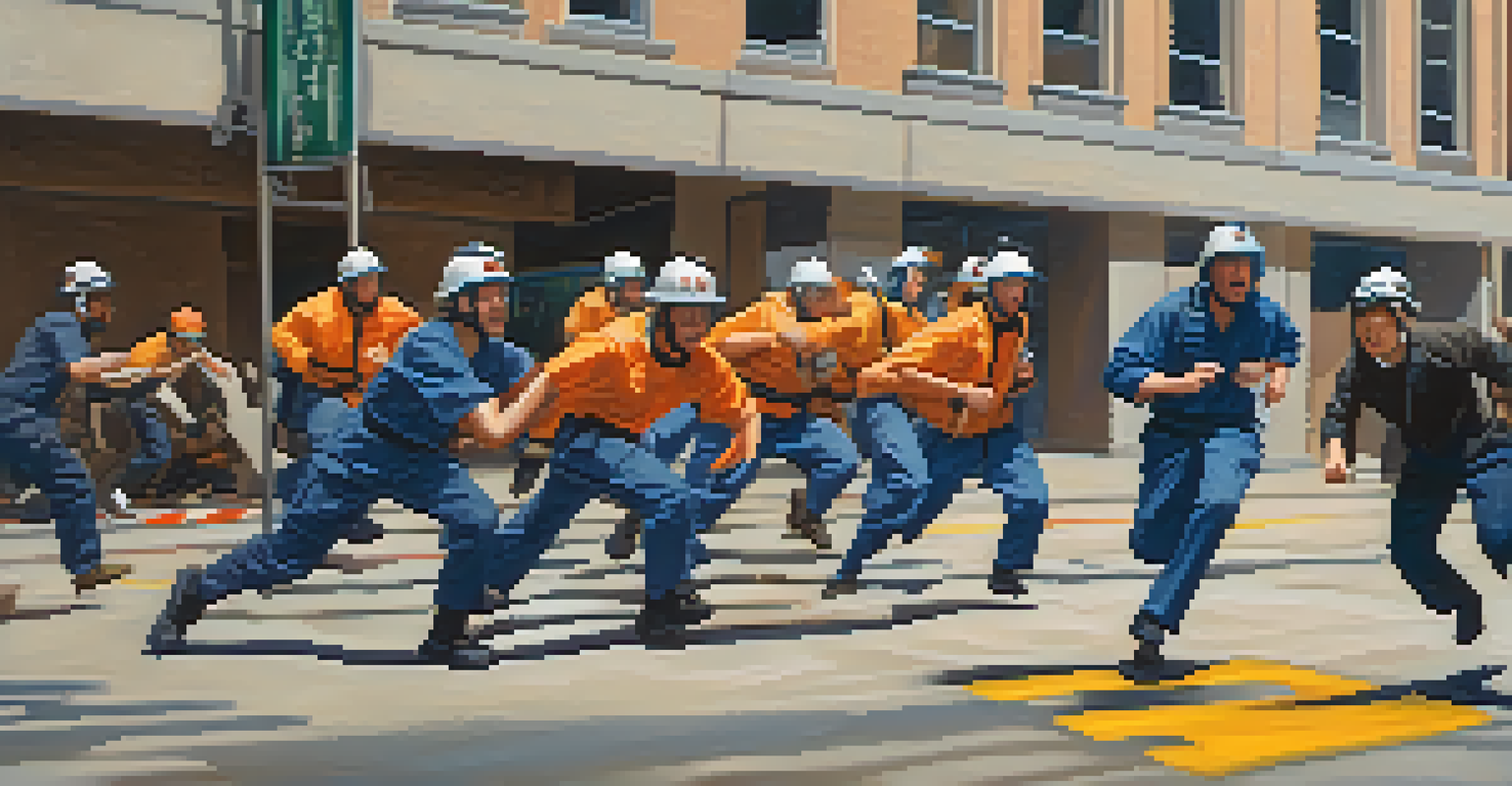 A group of people in an urban environment practicing escape techniques during a drill, displaying focused expressions and navigating obstacles.