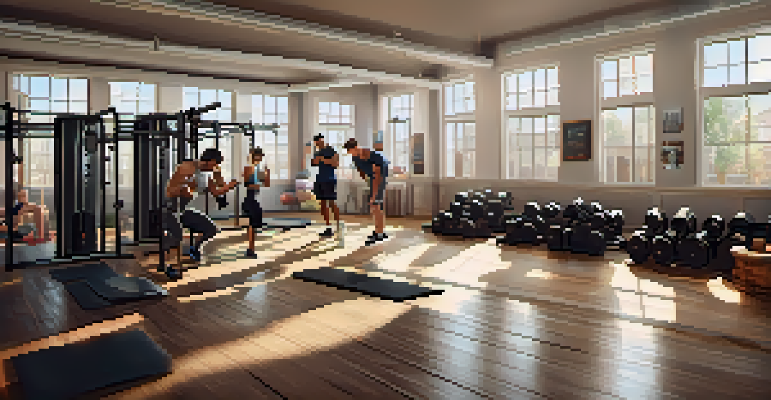 A fitness studio with people engaged in strength training exercises, surrounded by motivational quotes and exercise mats.