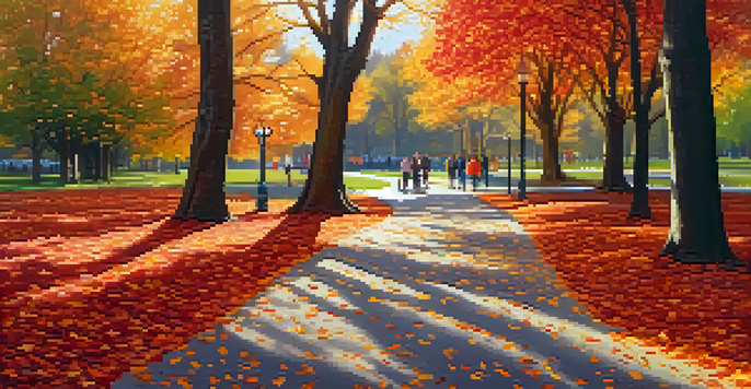 A peaceful autumn park with colorful leaves and people walking along a winding path under soft sunlight.