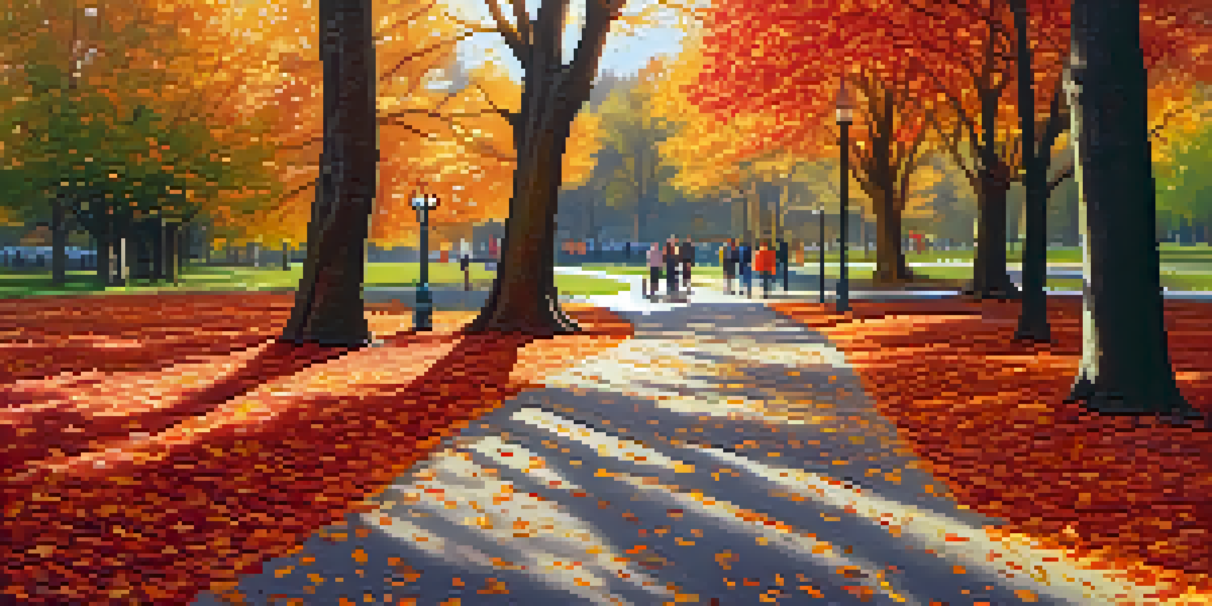 A peaceful autumn park with colorful leaves and people walking along a winding path under soft sunlight.