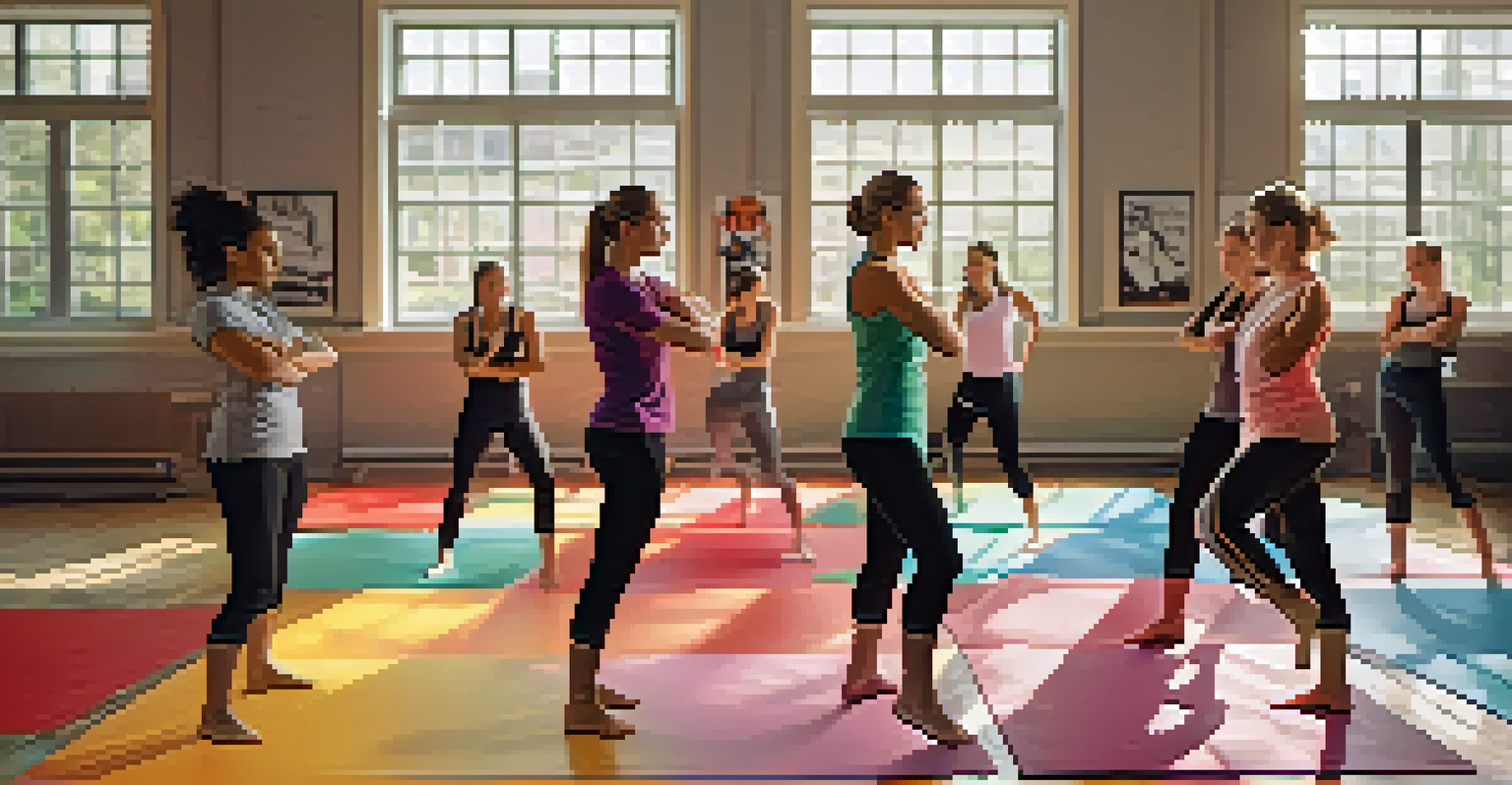 A group of women practicing verbal self-defense techniques in a colorful gym, demonstrating confidence and support for each other.
