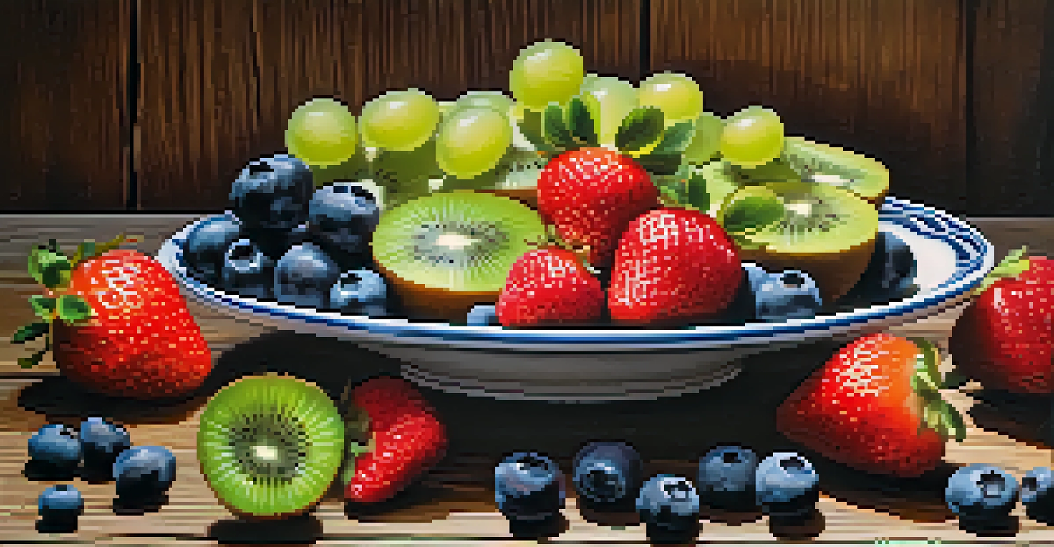 A close-up image of a plate filled with fresh fruits like strawberries, blueberries, and kiwi on a wooden table.
