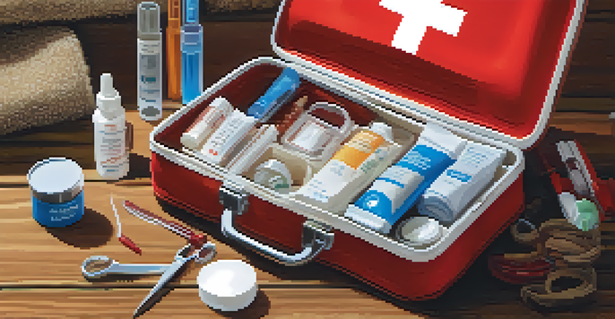 A first aid kit opened on a wooden table, showing medical supplies like bandages and antiseptic wipes in soft, natural lighting.