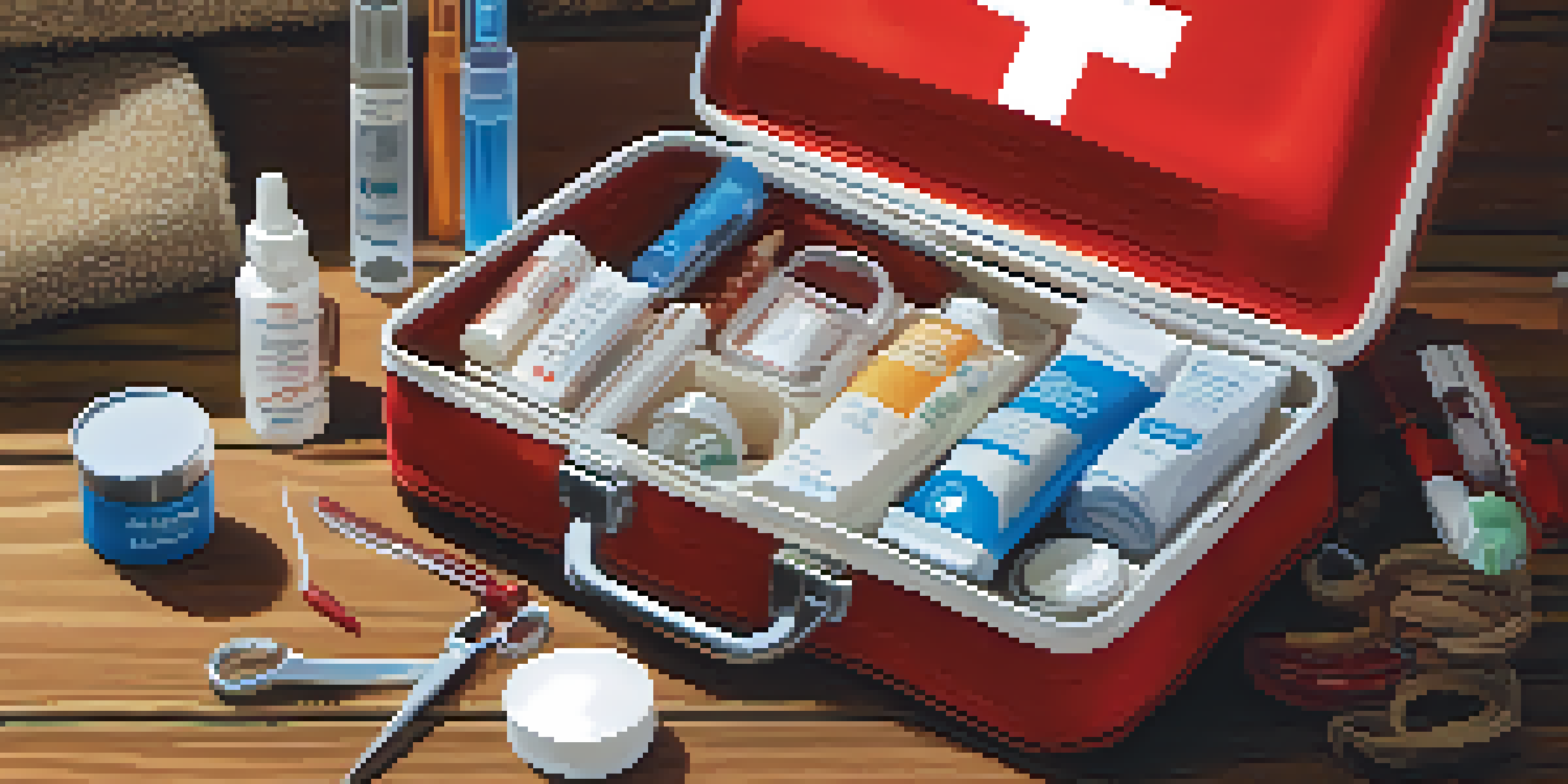 A first aid kit opened on a wooden table, showing medical supplies like bandages and antiseptic wipes in soft, natural lighting.