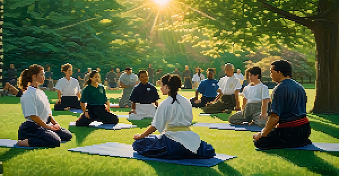 A diverse group of individuals practicing self-defense techniques in a park during sunset.