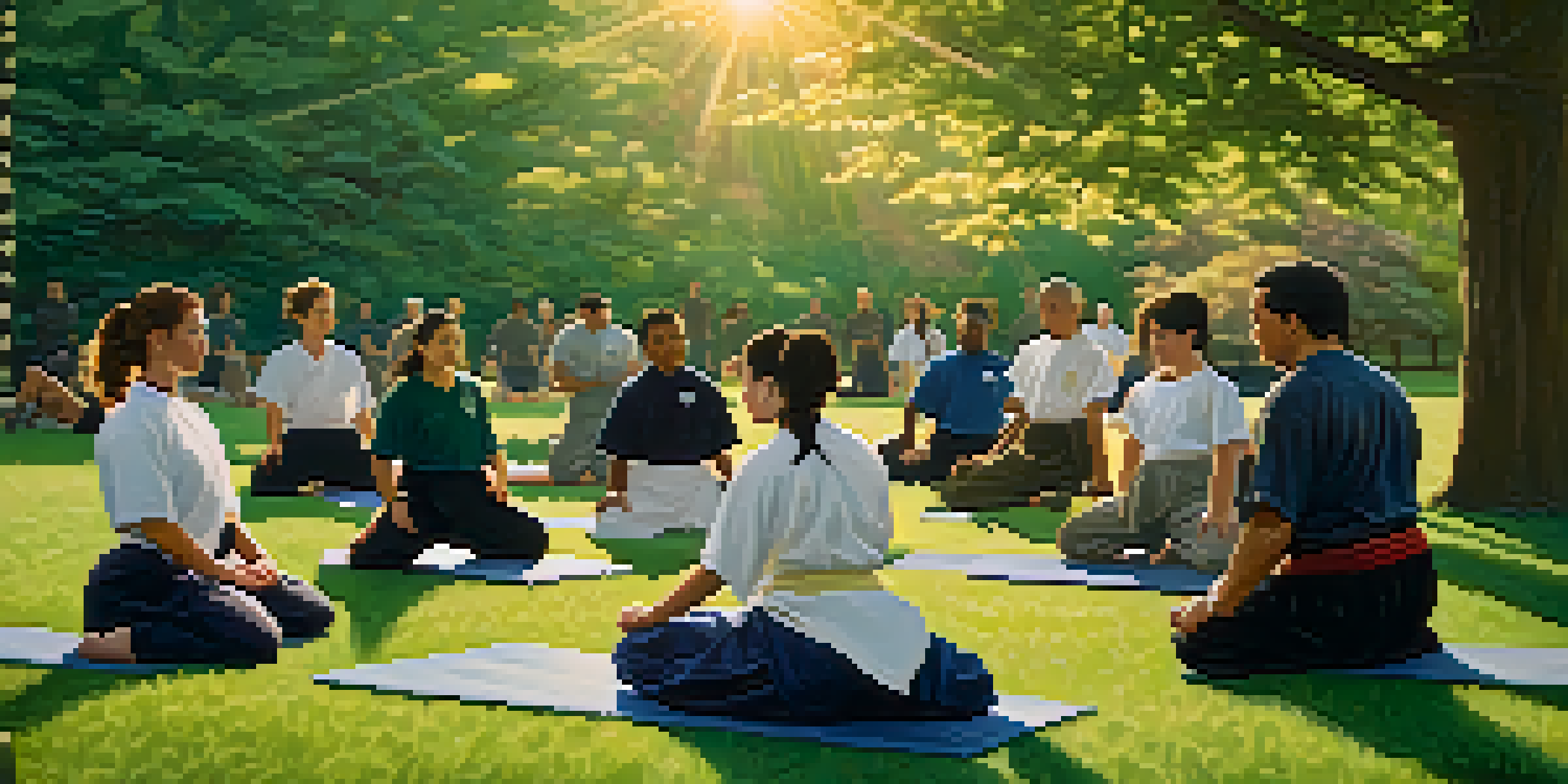 A diverse group of individuals practicing self-defense techniques in a park during sunset.