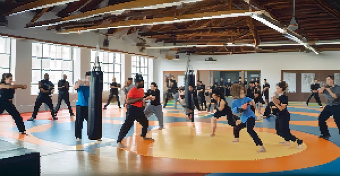 A group of diverse individuals practicing self-defense techniques in a bright gym, with a trainer demonstrating a move.