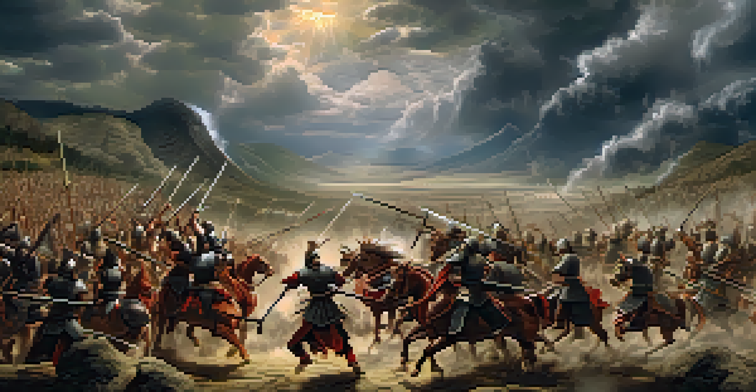 A dynamic battle scene with warriors practicing ancient self-defense techniques on rugged terrain under a dramatic sky.