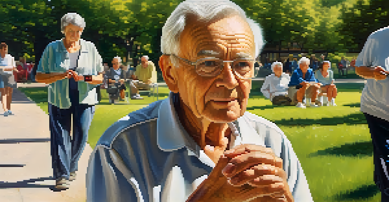 An elderly man practicing self defense outdoors, demonstrating a wrist release technique in a park.