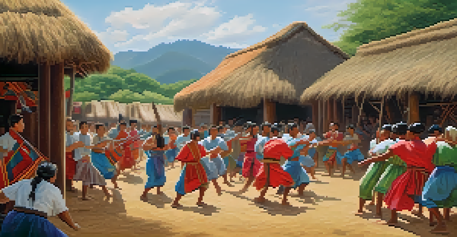 A community gathering in an ancient American village, practicing self-defense techniques with traditional huts in the background.