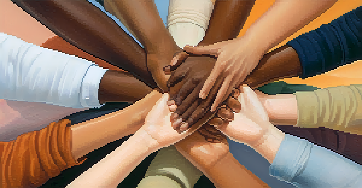 A close-up of diverse hands joined together, symbolizing unity and strength.
