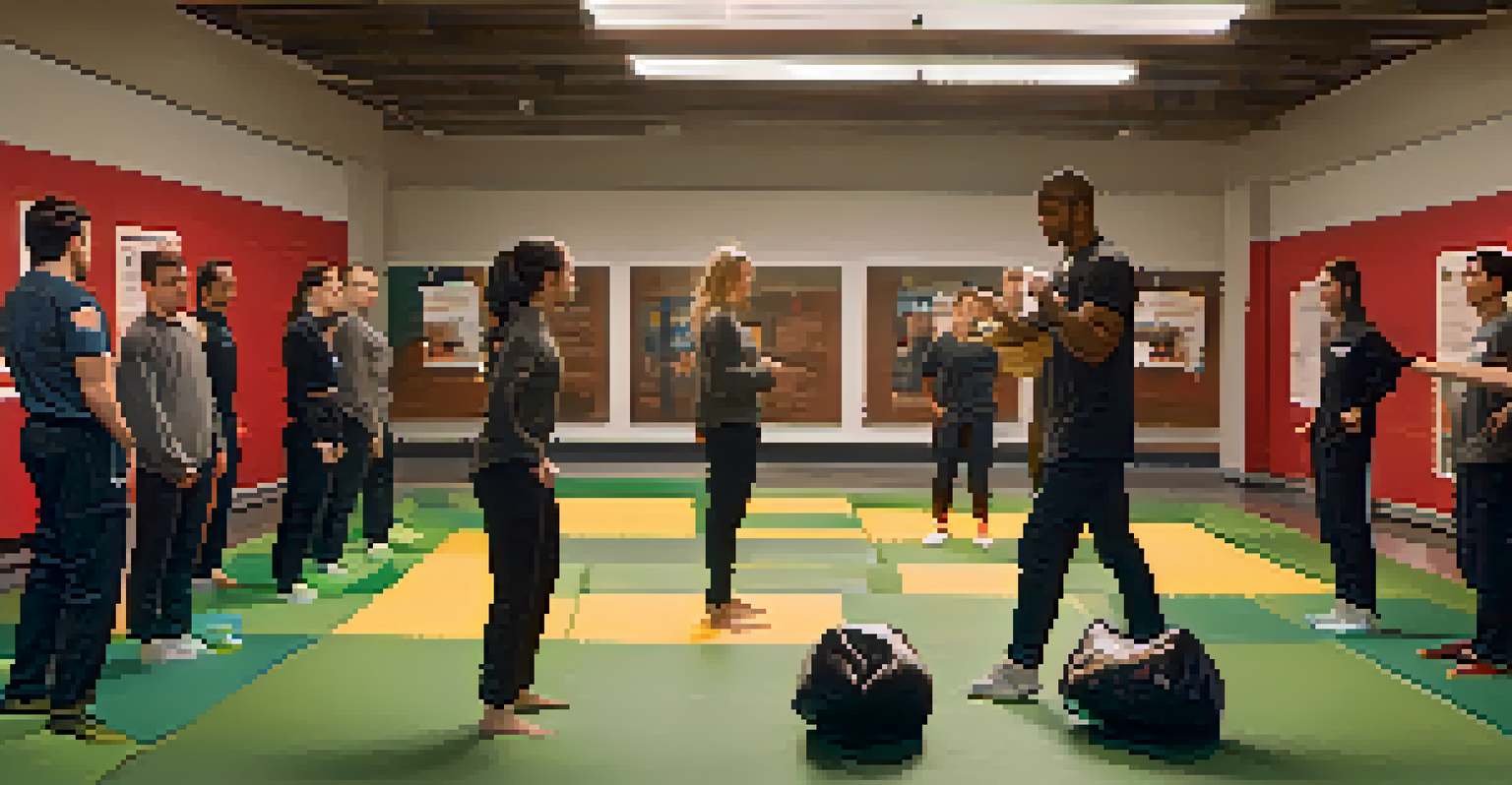 Participants in a self-defense training session practicing verbal de-escalation techniques indoors, with training mats and educational posters in the background.