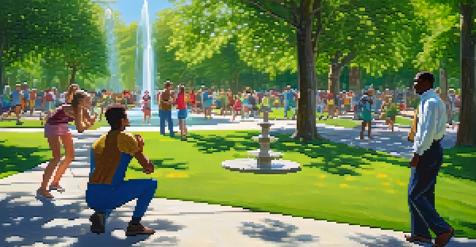 A person practicing self-defense techniques in a sunny park with blooming flowers and a fountain.