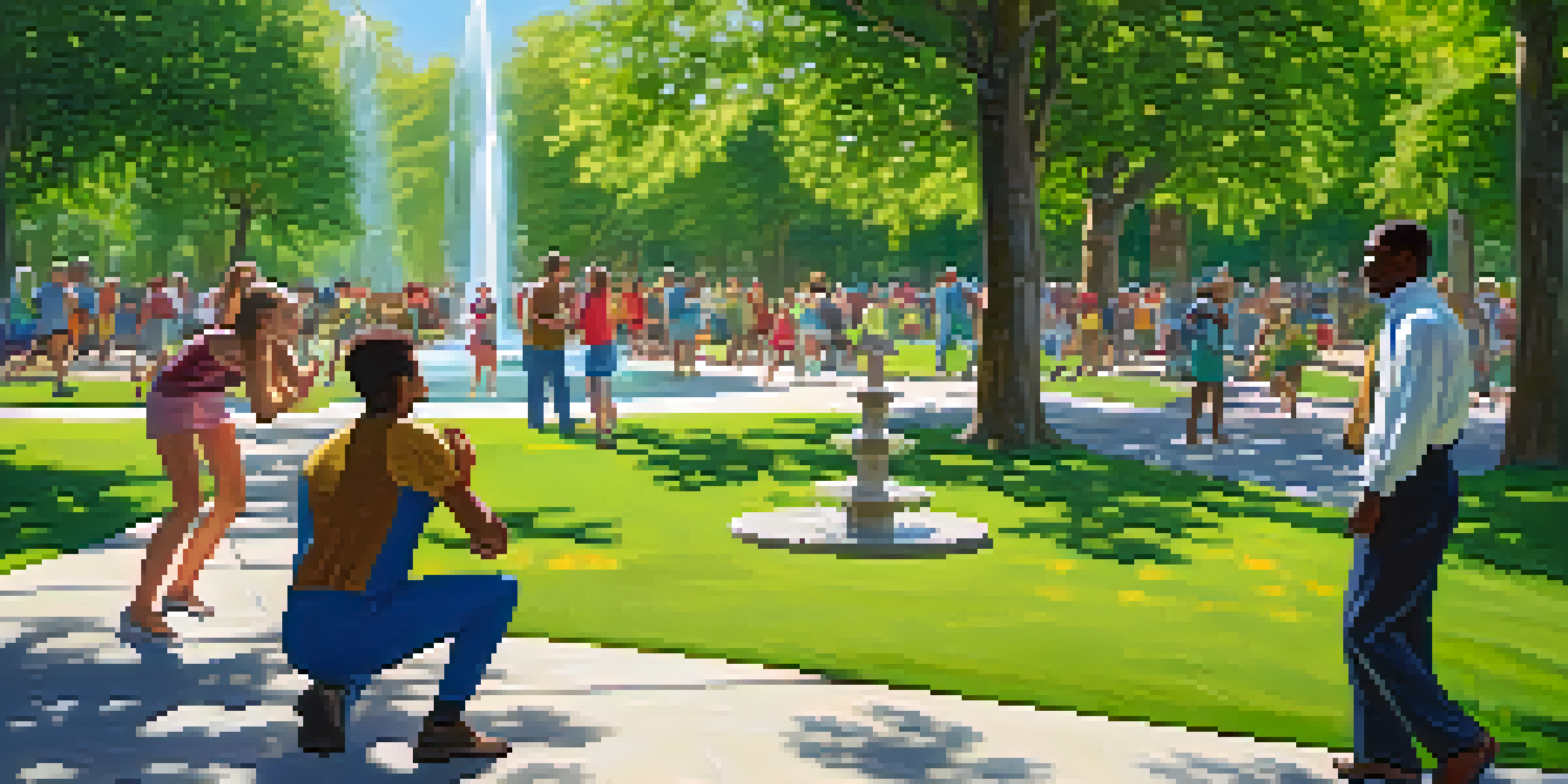 A person practicing self-defense techniques in a sunny park with blooming flowers and a fountain.