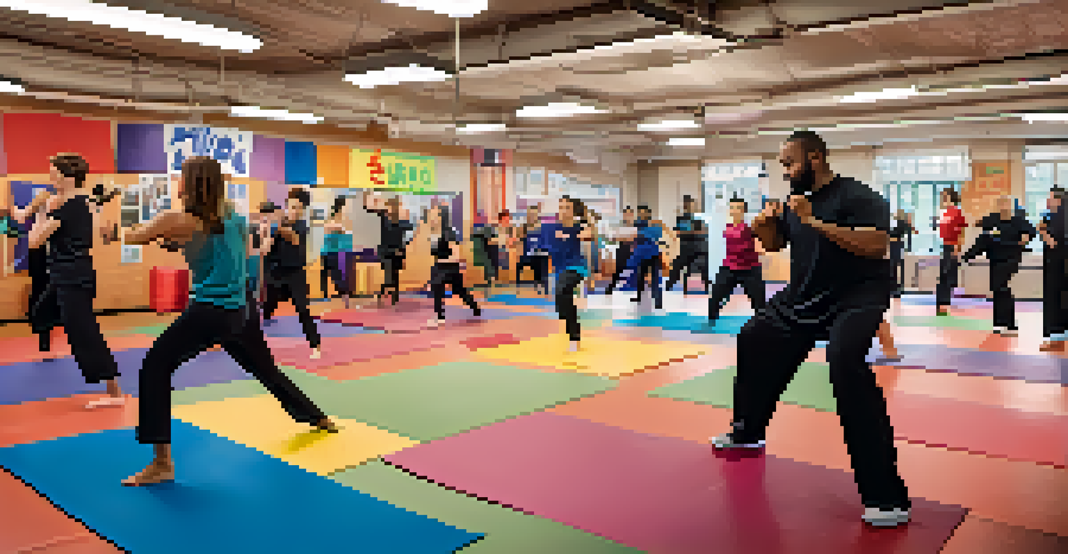 A lively self-defense class in a gym with diverse participants practicing techniques together.