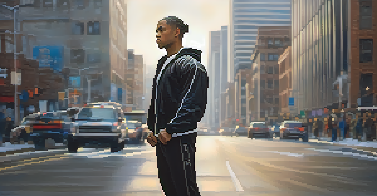 A confident individual in a self-defense pose against a blurred urban background, showcasing determination and focus.