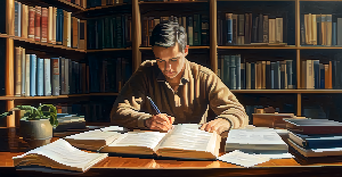 A person deep in thought at a desk with books and notes about cognitive biases, illuminated by warm sunlight from a window.