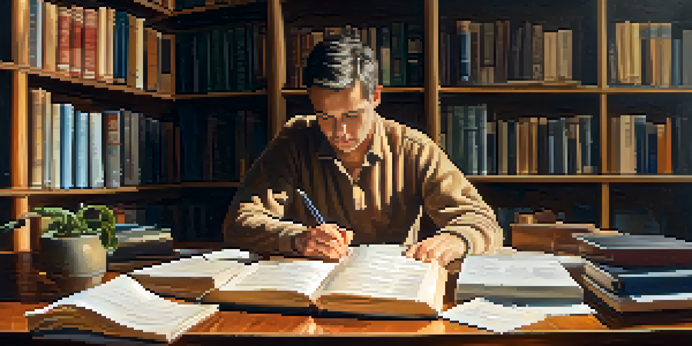 A person deep in thought at a desk with books and notes about cognitive biases, illuminated by warm sunlight from a window.