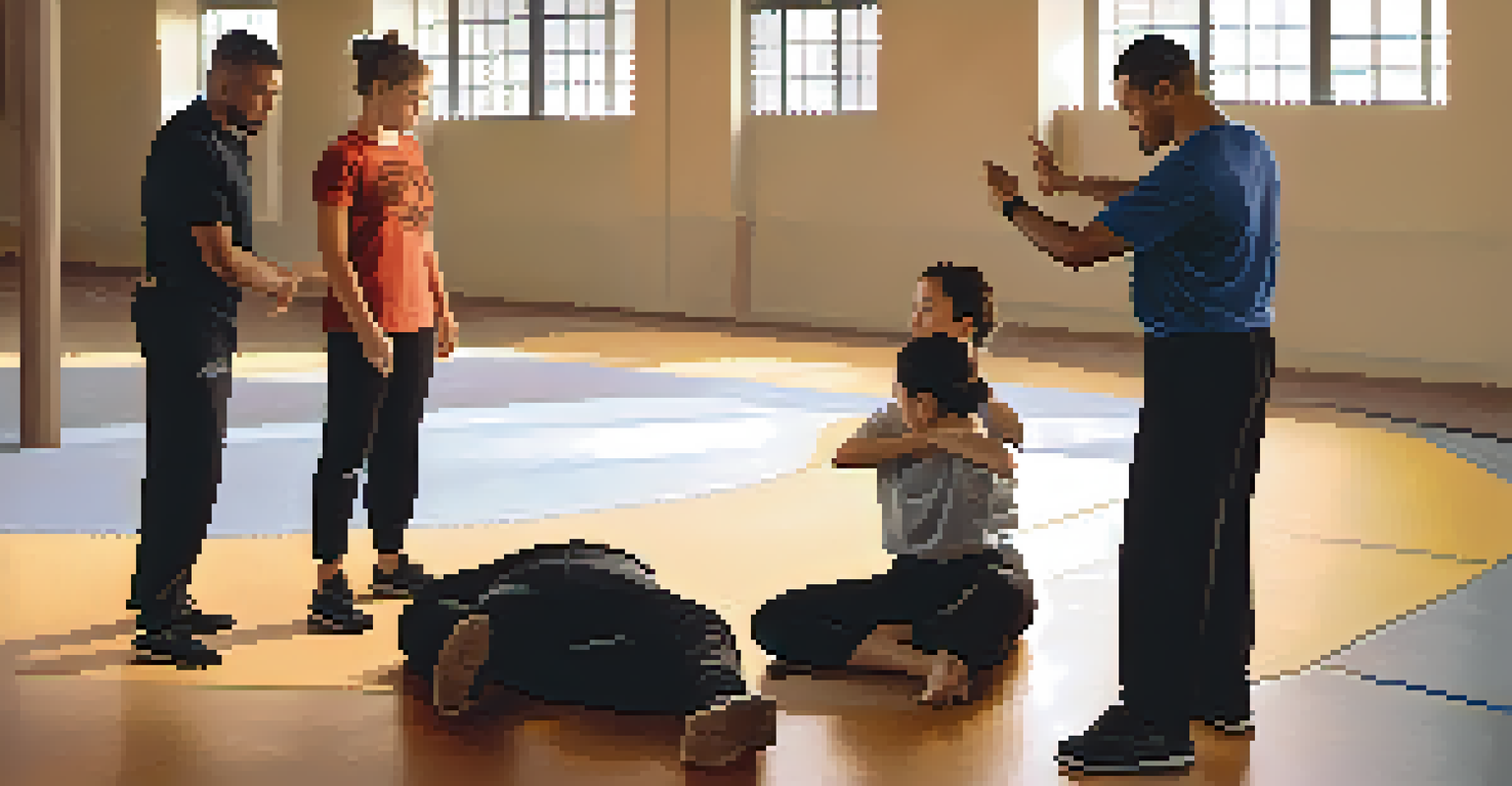 An instructor demonstrating an elbow strike to a small group of attentive participants in a bright fitness space.