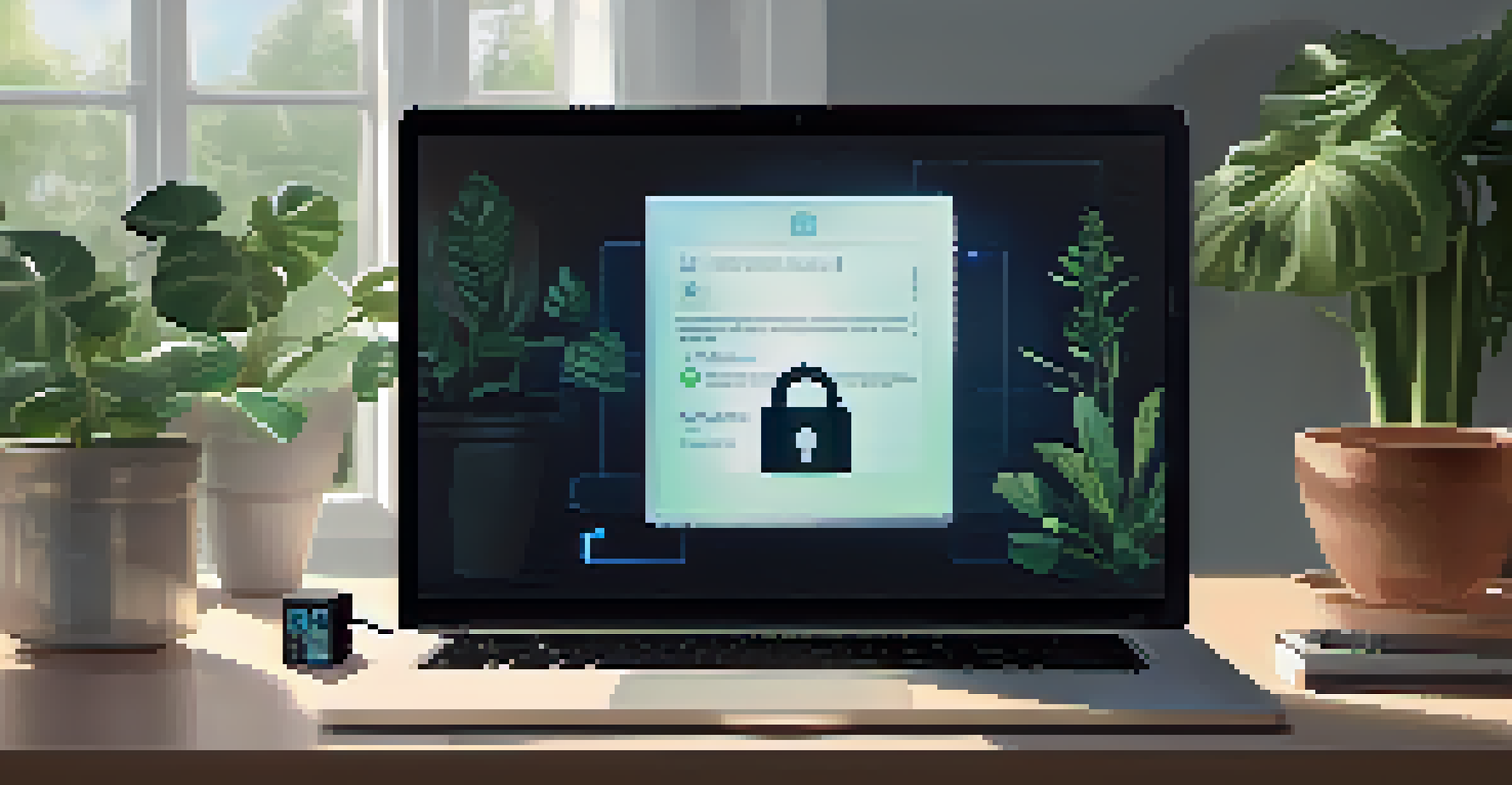 A person using a laptop for secure login with a padlock icon and fingerprint scanner, set in a tranquil home environment.