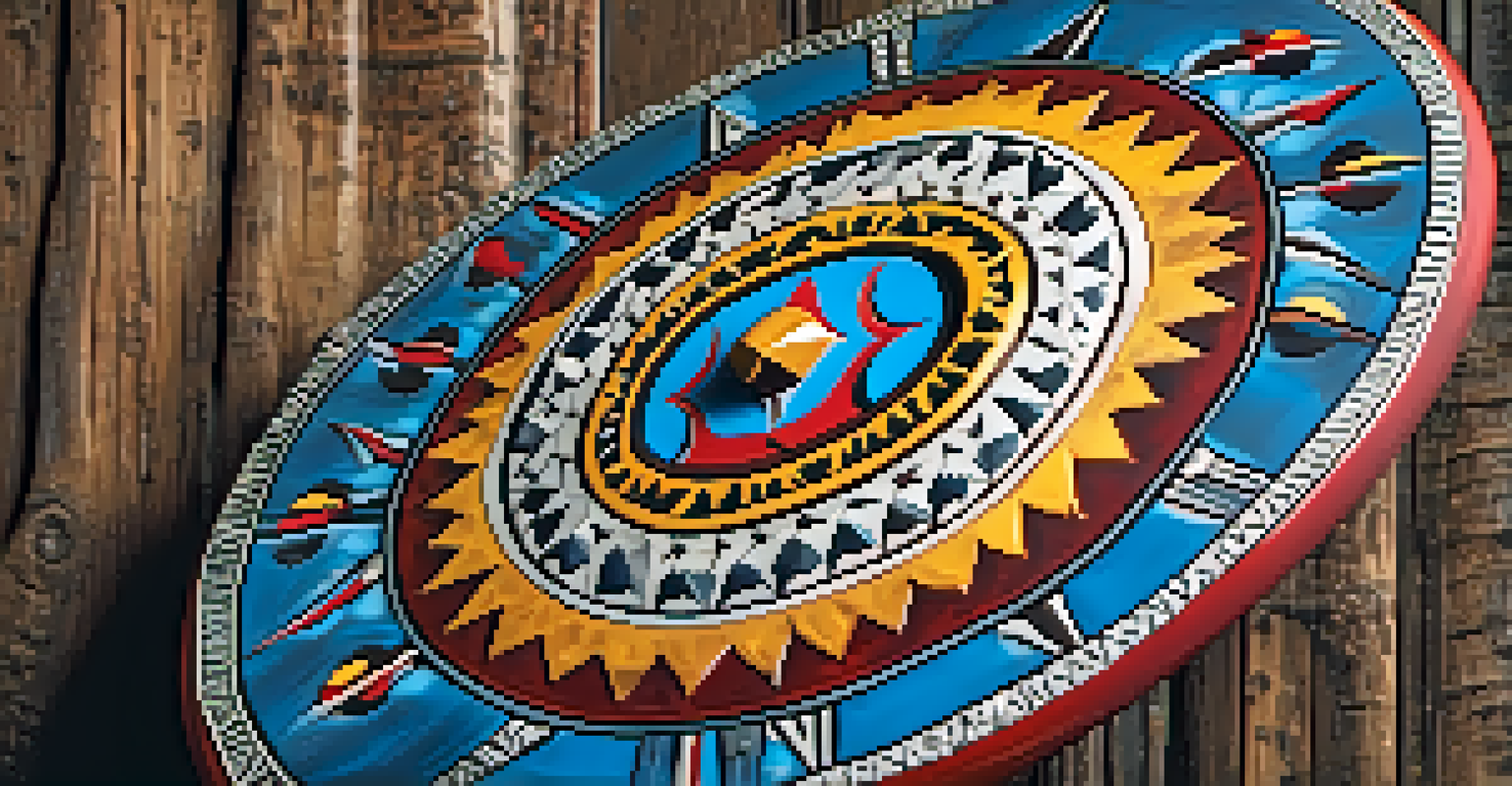 A close-up of a traditional Indigenous shield with intricate designs against a wooden background.