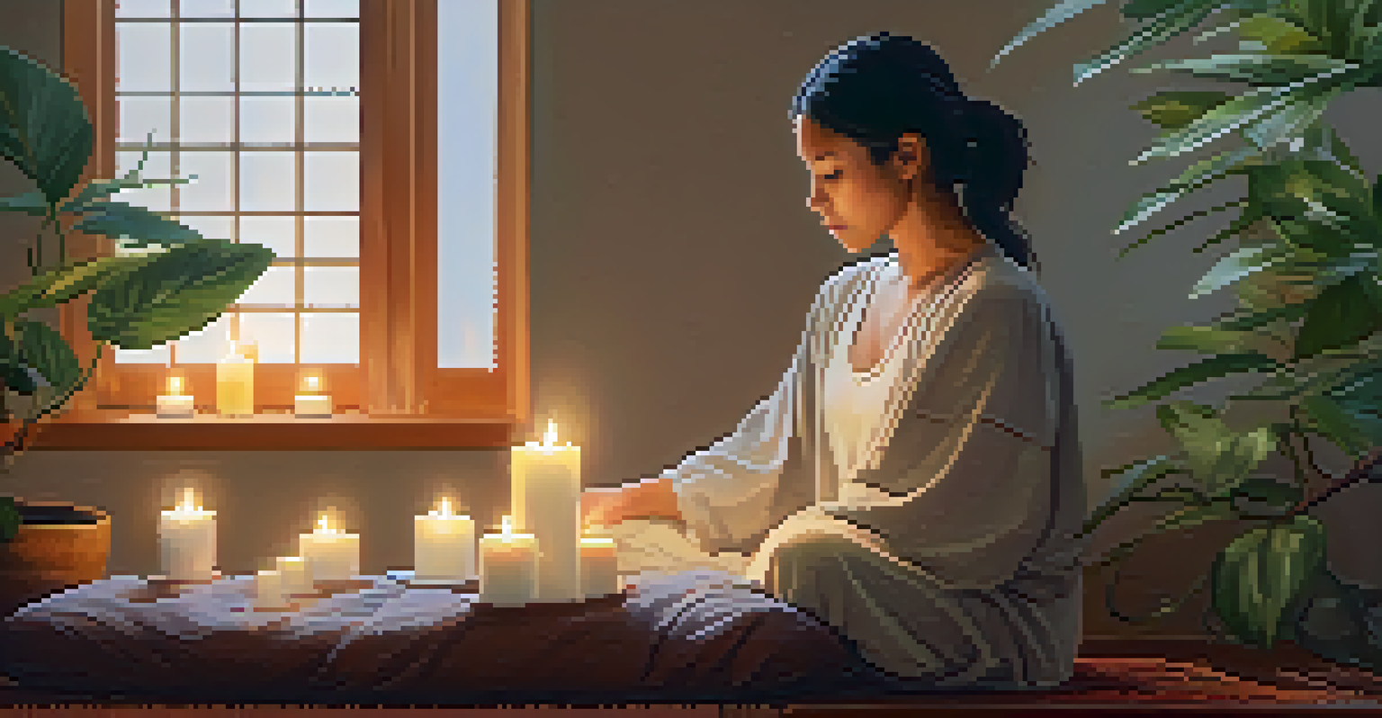 A person practicing deep breathing and mindfulness in a peaceful room, surrounded by plants and soft lighting.