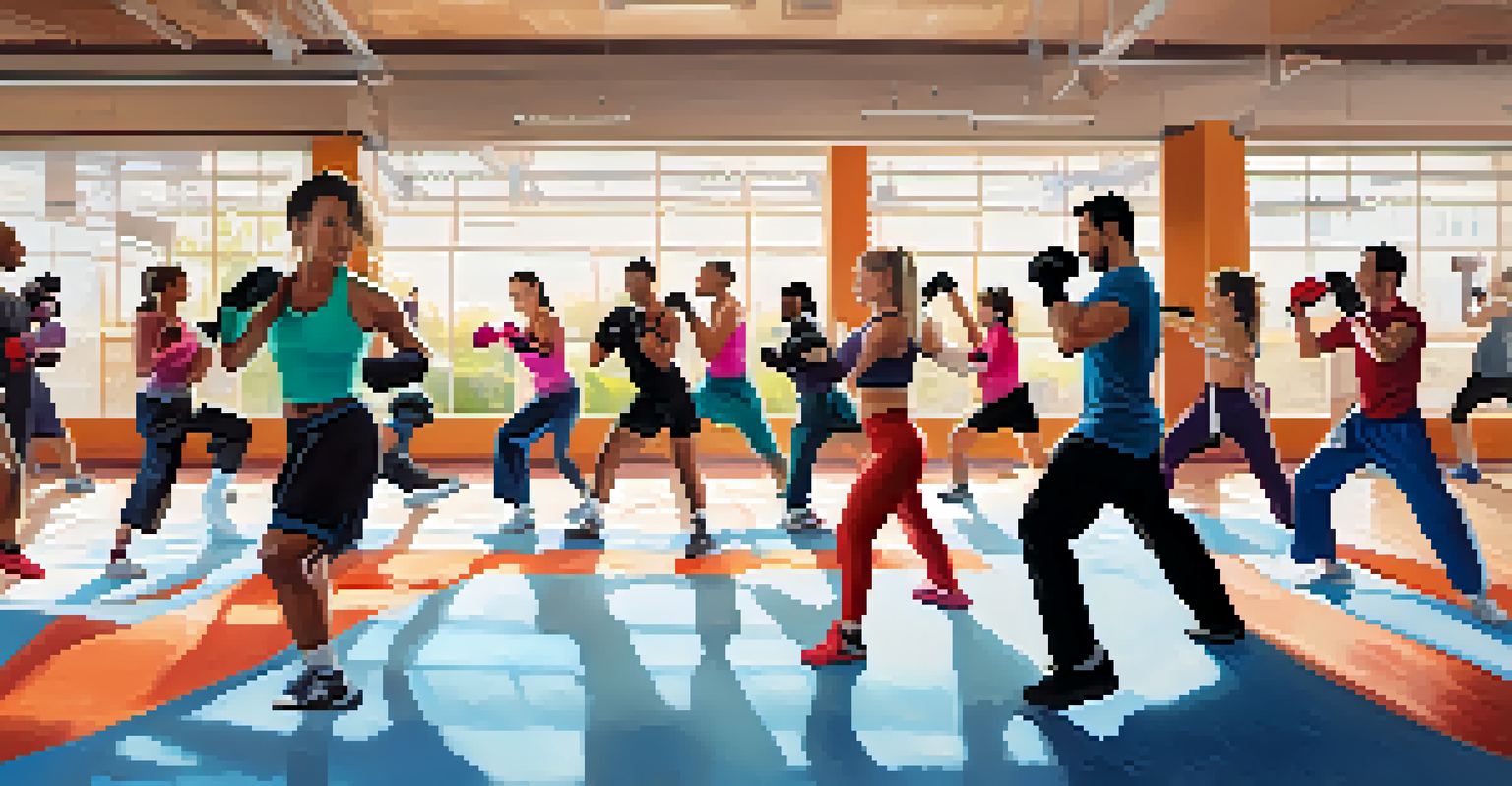 A diverse group of individuals practicing kickboxing in a vibrant gym, showcasing their movements in a lively atmosphere filled with mirrors and motivational posters.